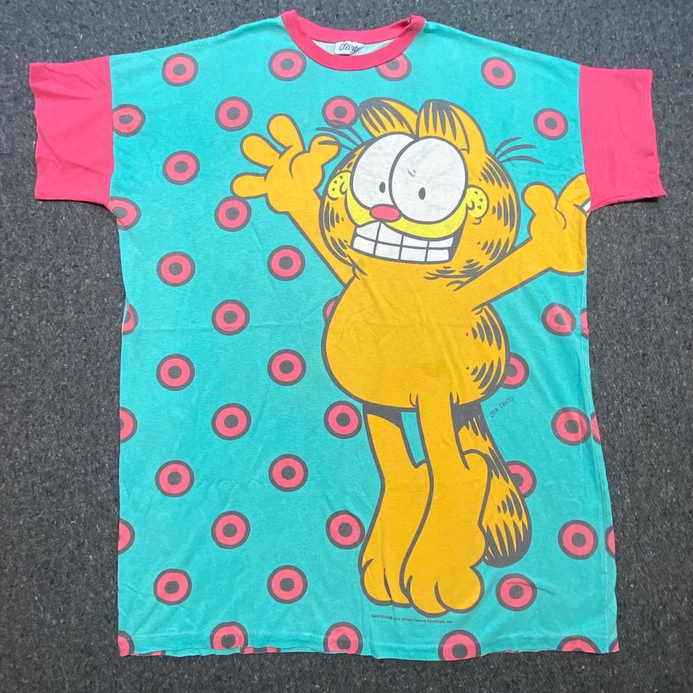 Flirts Garfield‎ Night Shirt OS Womens Teal Pink Vintage 90s All Over Print Tee